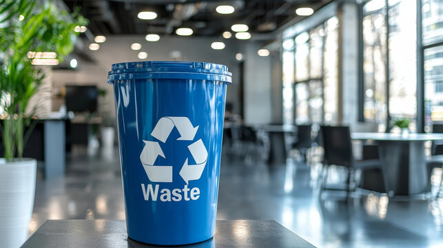 Blue waste bin with recycling symbol in modern office space, promoting eco conscious practices and zero waste initiatives, creating sustainable environment