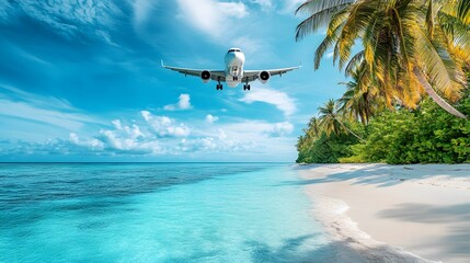 Naklejka premium airplane and tropical palm on a paradise island. 