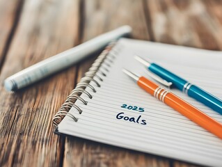 A notebook with the word "Goals" written on it, accompanied by colorful pens, rests on a wooden table, emphasizing organization and planning.