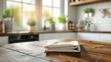 Blurred kitchen background with napkin and brake space.