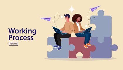 Business working process and teamwork concept. Diverse colleagues, collaborate on a project with laptops while sitting on giant puzzle pieces, symbolizing a creative solution and partnership.
