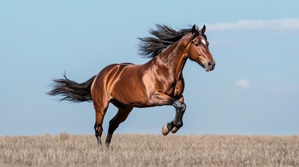 Obraz premium Majestic Wild Stallion Running Free in Open Field, Capturing Essence of Freedom and Beauty
