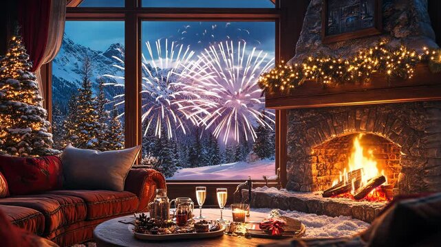 New Year&acirc;&euro;&trade;s Eve celebration in a snowy mountain cabin, with a cozy fire, champagne glasses, and fireworks in the distance. . Video