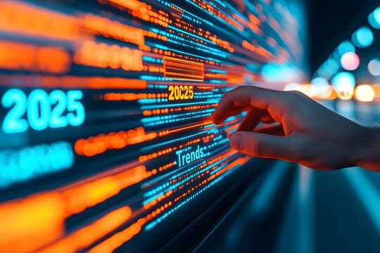 A hand reaches towards a digital interface displaying colorful data streams, highlighting trends and projections for the year 2025.
