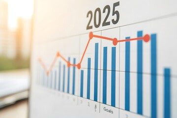 A bar graph showing statistical growth projections for the year 2025, highlighted by a rising trend line against a blurred background.