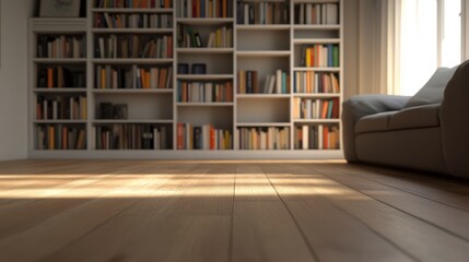 A serene living room featuring a wooden floor, a comfortable sofa, and sunlit bookshelves filled with a variety of colorful books.