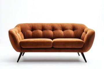 Fototapeta premium Brown Velvet Sofa with Buttoned Backrest and Wooden Legs