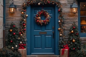 An electric blue door adorned with festive Christmas decorations, including wreaths and colorful ornaments, creating a welcoming atmosphere for the holiday season.