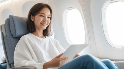 Fototapeta premium Smiling woman enjoying her tablet while traveling on an airplane, seated by the window during a daytime flight.