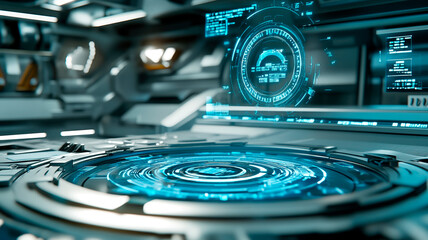 Futuristic Control Panel with Holographic Interface in Sci-Fi Environment, Symbolizing Advanced Technology, AI, and Space Exploration in Cinematic Detail