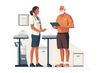 A healthcare professional engages in conversation with an elderly patient in a medical setting, highlighting support and communication in health care.