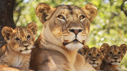 Majestic Lioness and Cubs Resting in the Shade - A Warm Family Portrait in the Wild