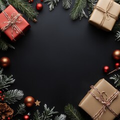 A festive Christmas background featuring wrapped gifts, pine branches, and ornaments arranged on a black surface.