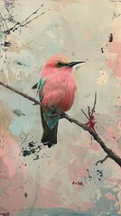 Pink and Green Bird Perched on a Branch - Abstract Art Painting