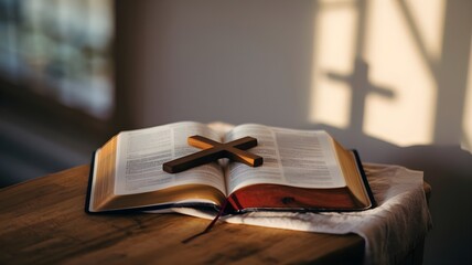 Open Bible  morning on a wood table with nature backgound.