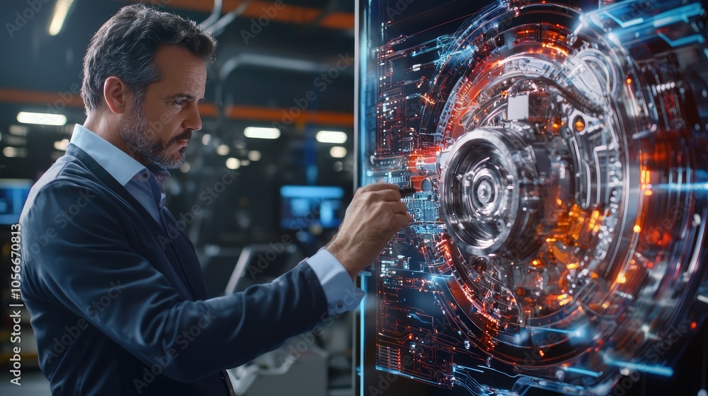 Poster mechanic analyzing advanced internal combustion engine with futuristic display technology
