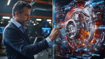 Mechanic analyzing advanced internal combustion engine with futuristic display technology