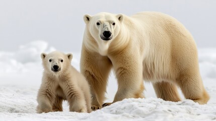 Fototapeta premium Majestic Polar Bear Mother and Cub in Snowy Landscape - Wildlife Conservation and Beauty of Nature Concept
