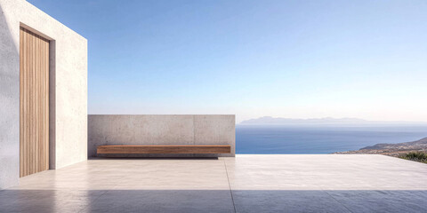 Modern architectural design featuring a serene ocean view at sunrise in a minimalist setting
