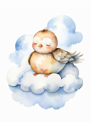 Obraz premium A bird sleeps peacefully on fluffy clouds in a watercolor dream.