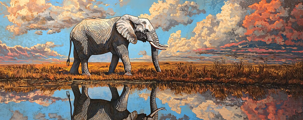 Majestic Elephant by Water with Reflection in African Landscape
