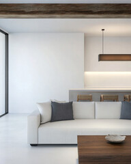 Modern minimalist living room with a cozy sofa and dining area illuminated by soft lighting