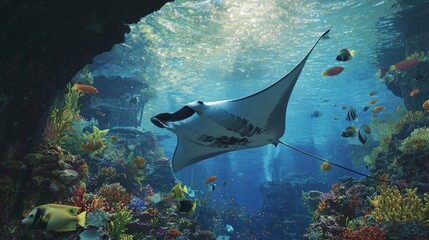 Majestic Manta Ray Gliding Through Colorful Underwater Diversity | Ultra-Detailed Marine Life Portrait