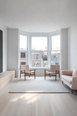Bright and airy living room with modern furniture and large bay windows in a contemporary apartment
