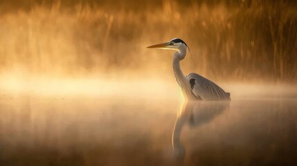 Graceful Heron in Misty Marsh - Tranquil Nature Portrait with Soft Reflections