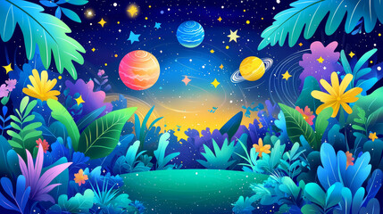 Vibrant galaxy illustration featuring colorful planets, stars, and lush foliage. whimsical scene filled with tropical plants and flowers under starry sky