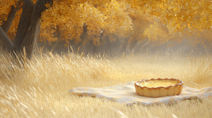 Golden autumn landscape with picnic blanket and pie in serene field. warm colors of leaves create cozy atmosphere, perfect for enjoying nature beauty