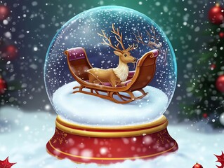 Sleigh with reindeer in snow globe, snow falling, festive decor, Christmas night, high detail, classic illustration