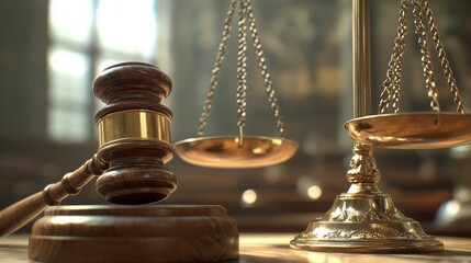 A gavel rests beside a balanced scale, symbolizing justice and law, set in a stately courtroom environment.