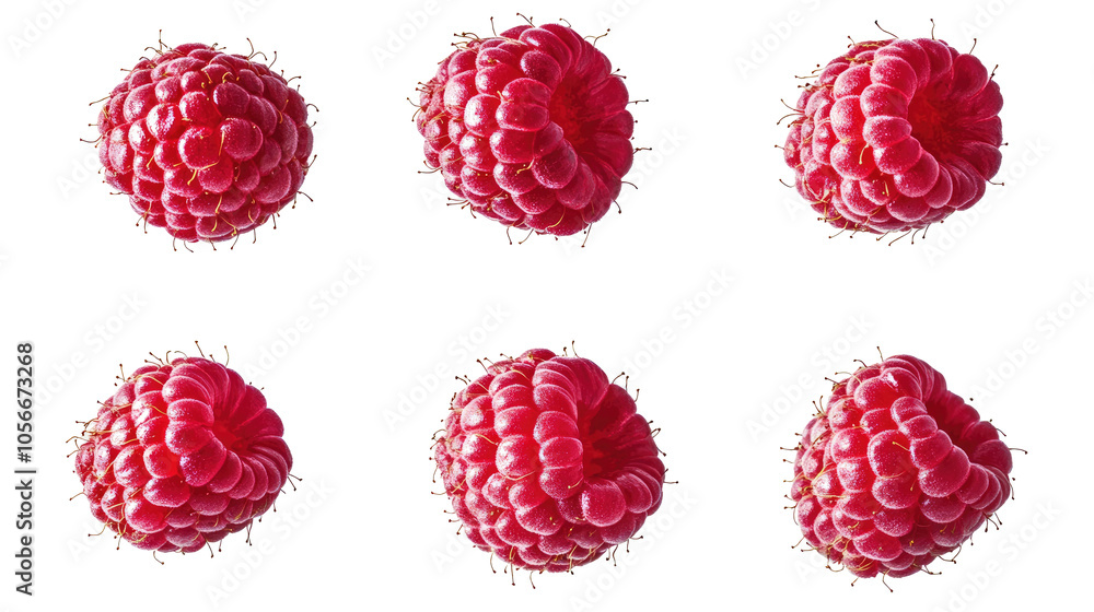 Poster fresh raspberries arranged in a neat collection on a white background generative ai
