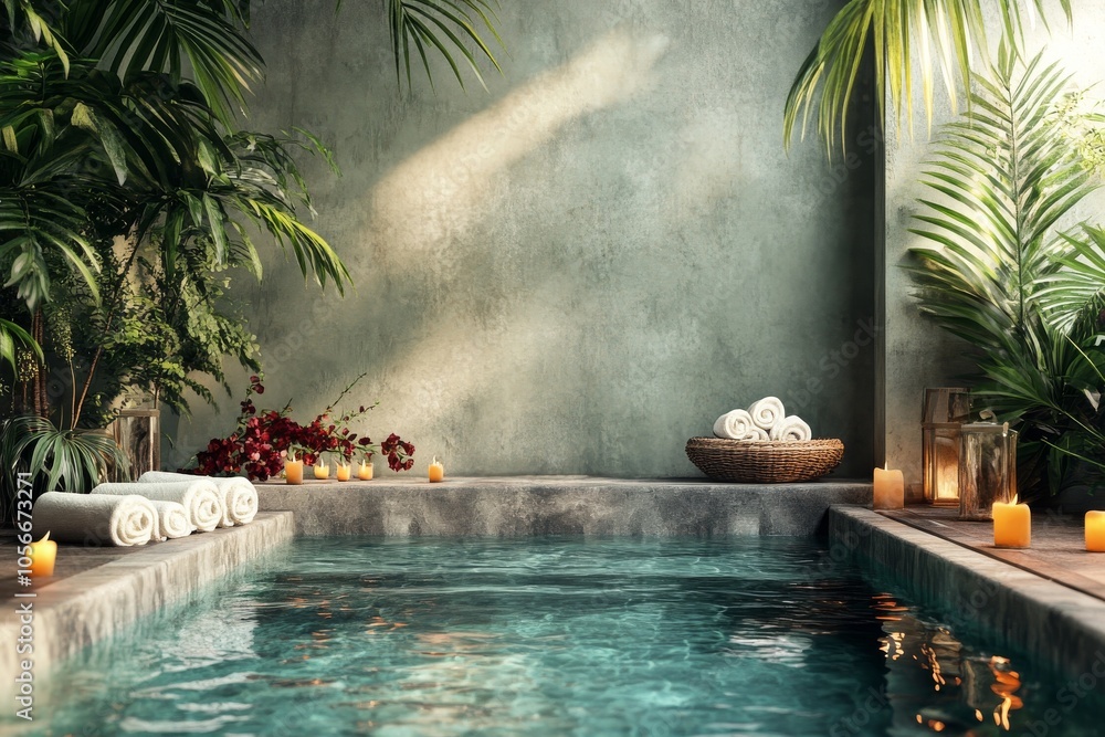 Poster a pool with candles and towels on the edge. scene is relaxing and serene