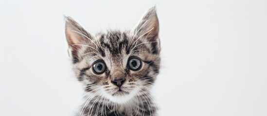 Obraz premium Cute Small Kitten Looks Guilty Over White Background Close Up