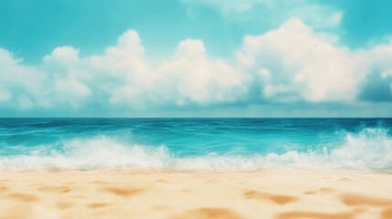 Obraz premium Blurred defocused background depicting a serene beach scene with golden sand turquoise waters and a vibrant blue sky dotted with white clouds perfect for summer getaway themes