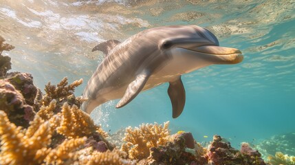 Joyful Dolphin Swimming Near Coral Reef Under Sunlight Filter, Capturing Marine Beauty and Playfulness