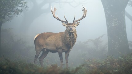 Regal Stag with Majestic Antlers in Misty Forest - Wildlife Portrait