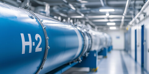 A large industrial pipeline with H2 marking, used for storing and transporting hydrogen as part of a sustainable energy solution