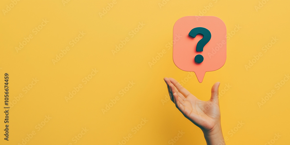 Poster a hand gestures under a red speech bubble with a question mark, representing curiosity, questions, a