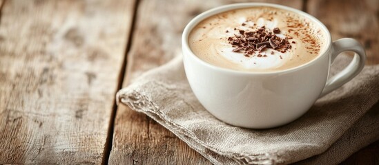 Cup Of Freshly Brewed Aromatic Cappuccino Coffee Topped With Milky Froth And Grated Chocolate Flakes Served On A Pretty Napkin On A Rustic Wooden Table