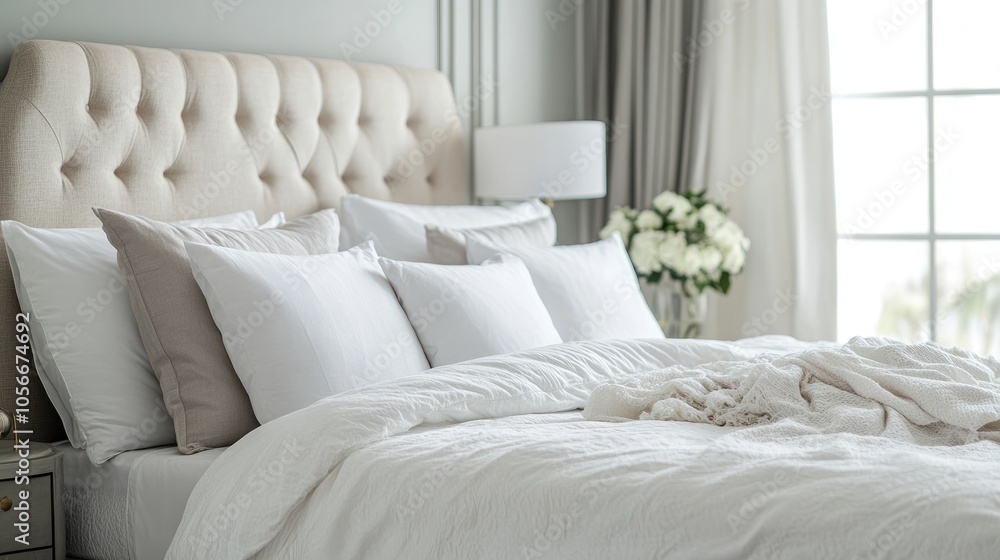 Poster a serene bedroom setting showcasing a tidy bed adorned with white pillows creating an inviting atmos