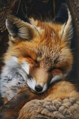 A fox is sleeping in a tree. The fox is brown and white. The fox is curled up and has its head resting on its paws