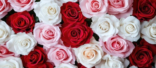 Close Up View Of Various Color Red White And Pink Blooming Roses Backdrop At Florist Vivid Pastel Flower In Bloom Blossom Roses For Valentine Day