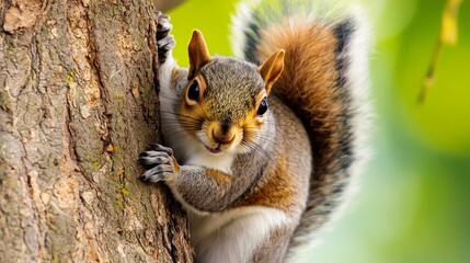 Obraz premium Playful Squirrel Peeking Behind Tree Trunk in Nature - Detailed Portrait of Cute Wildlife with Bright Eyes and Fluffy Tail