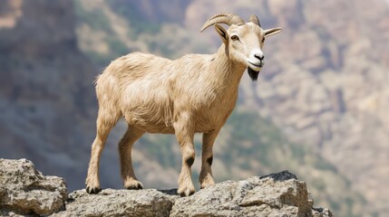 Majestic Goat on Rocky Ledge with Dramatic Mountain Backdrop - Whimsical Portrait of Adventurous Spirit | Ultra-Detailed Nature Photography