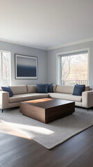 Fototapeta premium Modern living room with large sectional couch and coffee table in bright natural light