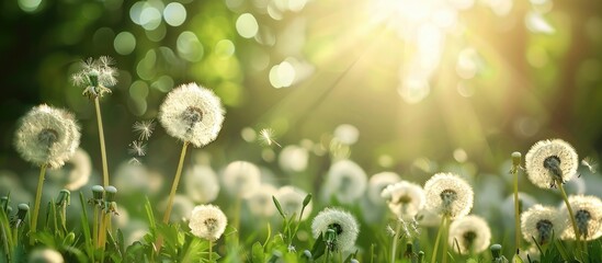Obraz premium Dandelion Bush With Buds And Fluffy White Flowers Growing In The Middle Of A Blooming Field Of Wild Flowers