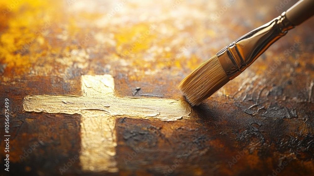 Poster an artist s brush creating a cross on a canvas with a blurred background featuring ample copy space